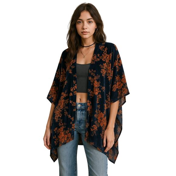Velvet Floral Boho Kimono Shawl Jacket – Y2K Festival Vibes OS - Picture 1 of 4